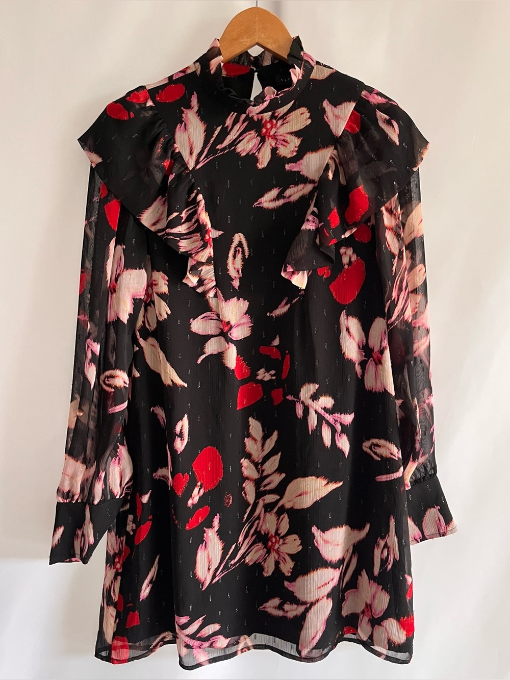 Sanctuary NWT Black Pink Floral Sheer Mini Dress Edwardian Romantic Ruffles XS
